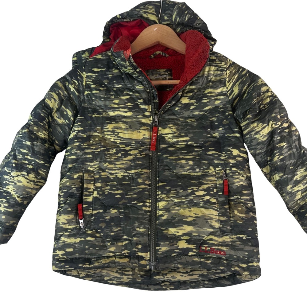 LL Bean Puffer Jacket Kids M 5-6 Camo DownTek Insulated Hooded Coat FLAWS